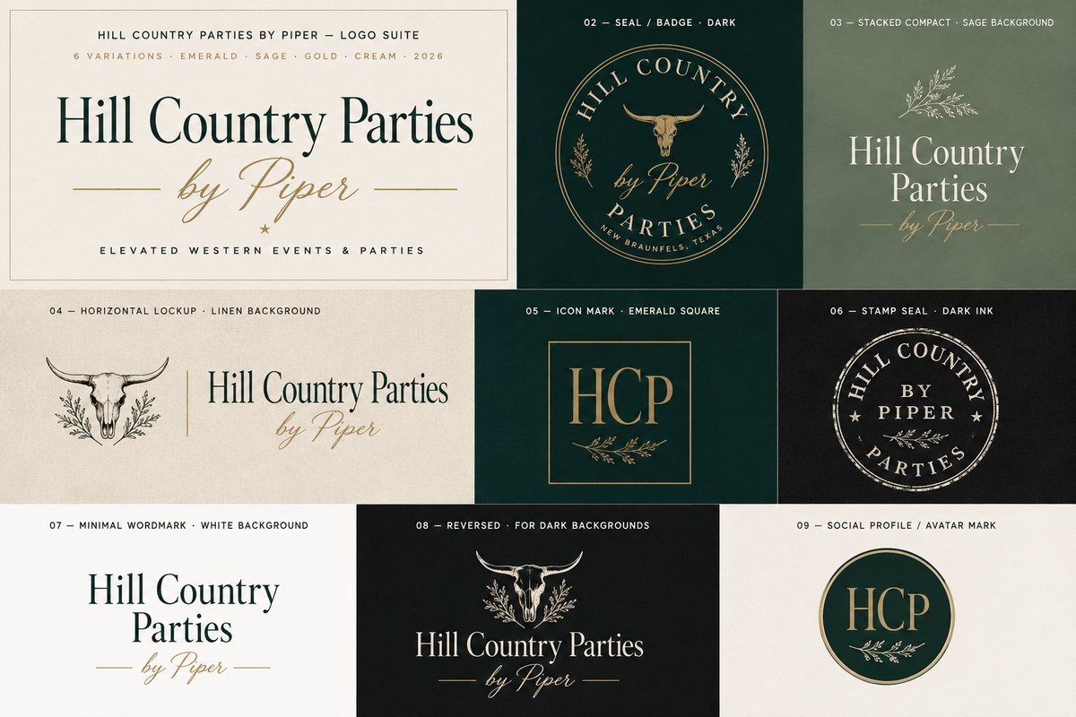 A full logo suite for my own events venture: primary, stacked, submark, social, reversed, on every background it has to live on.
